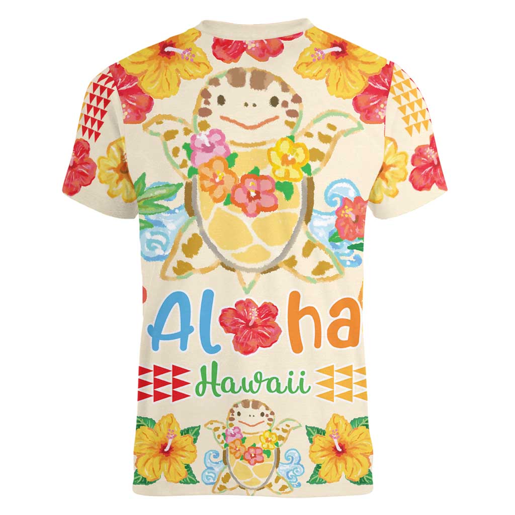 Kawaii Turtle Women V-Neck T-Shirt Aloha Hibiscus Flowers