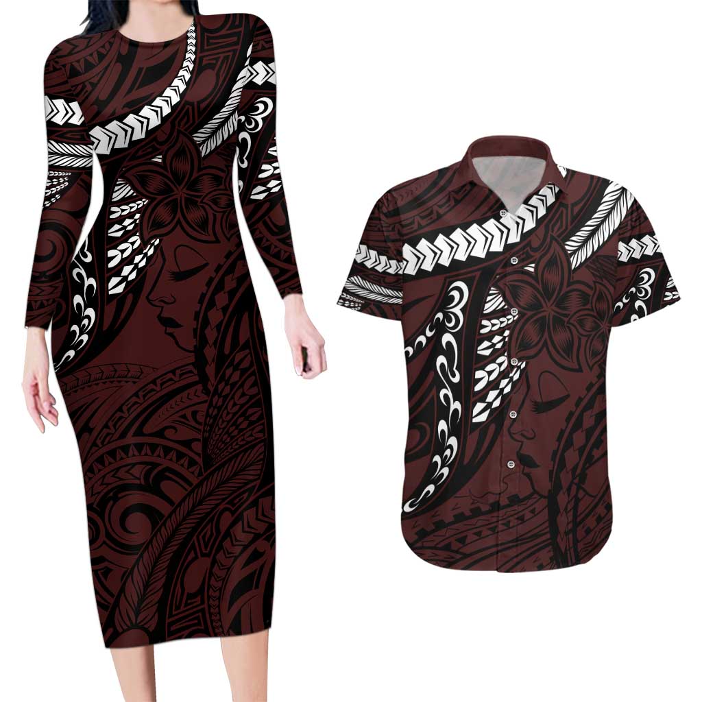 Polynesian Girl Tribal Tattoo Couples Matching Long Sleeve Bodycon Dress and Hawaiian Shirt Oxbood Vibe