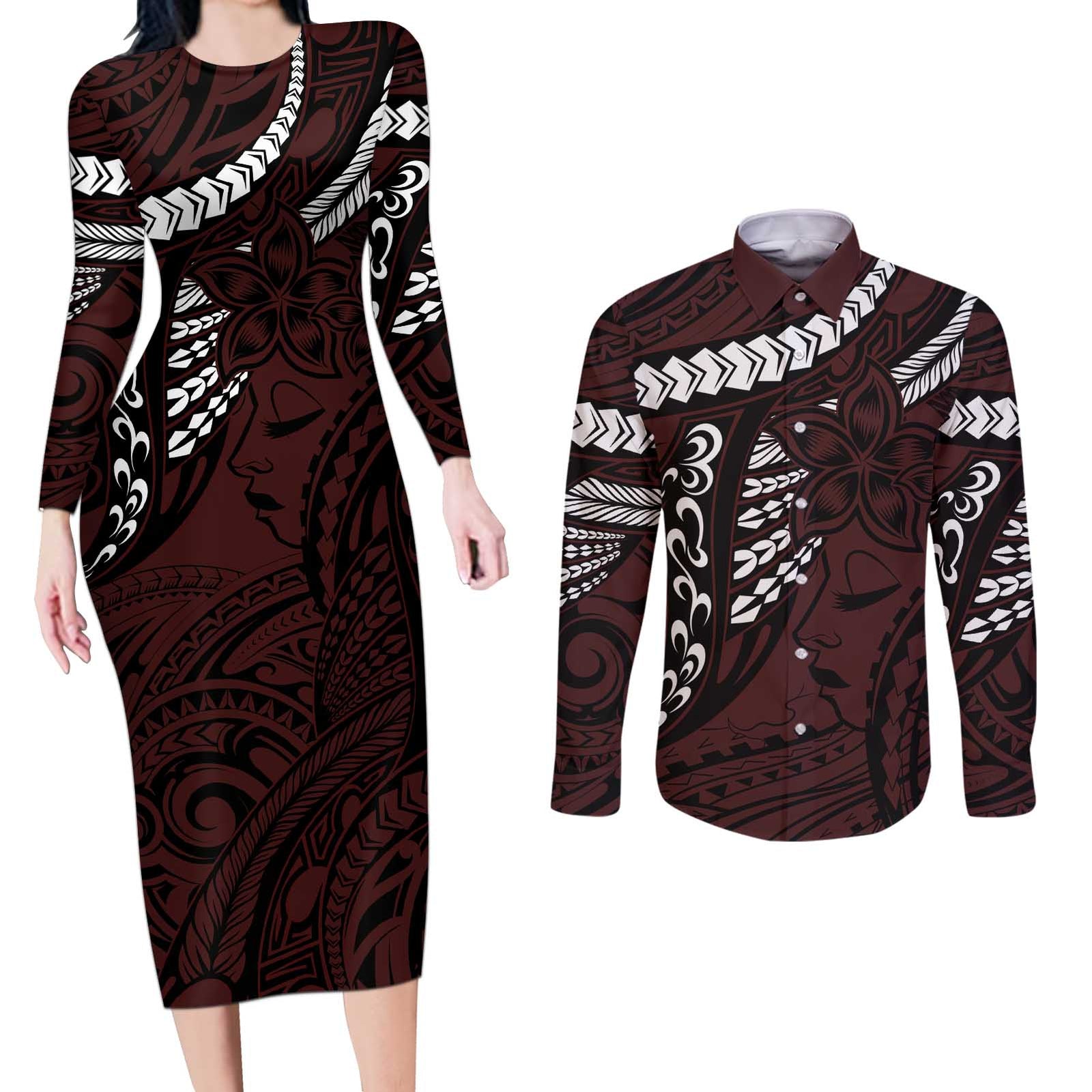 Polynesian Girl Tribal Tattoo Couples Matching Long Sleeve Bodycon Dress and Long Sleeve Button Shirt Oxbood Vibe LT9 Oxblood - Polynesian Pride