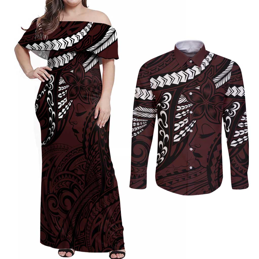 Polynesian Girl Tribal Tattoo Couples Matching Off Shoulder Maxi Dress and Long Sleeve Button Shirt Oxbood Vibe LT9 Oxblood - Polynesian Pride