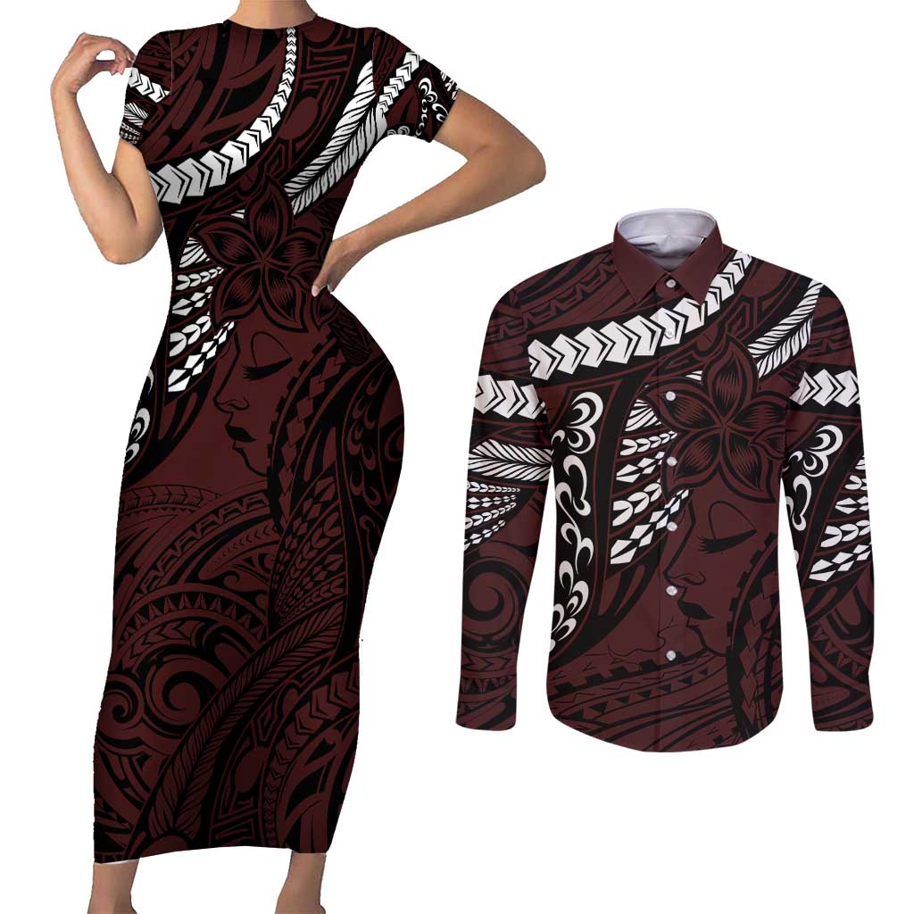 Polynesian Girl Tribal Tattoo Couples Matching Short Sleeve Bodycon Dress and Long Sleeve Button Shirt Oxbood Vibe LT9 Oxblood - Polynesian Pride