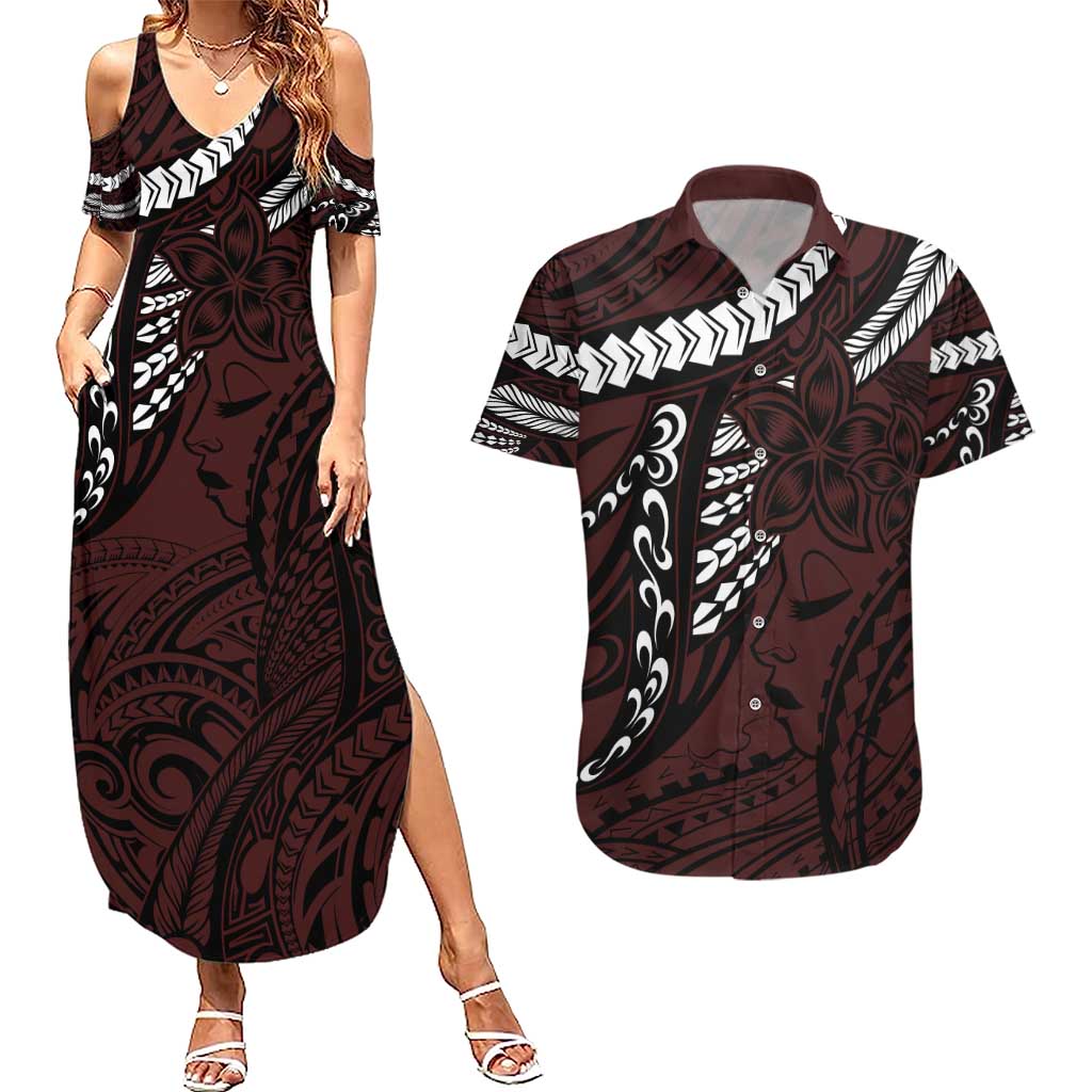 Polynesian Girl Tribal Tattoo Couples Matching Summer Maxi Dress and Hawaiian Shirt Oxbood Vibe LT9 Oxblood - Polynesian Pride