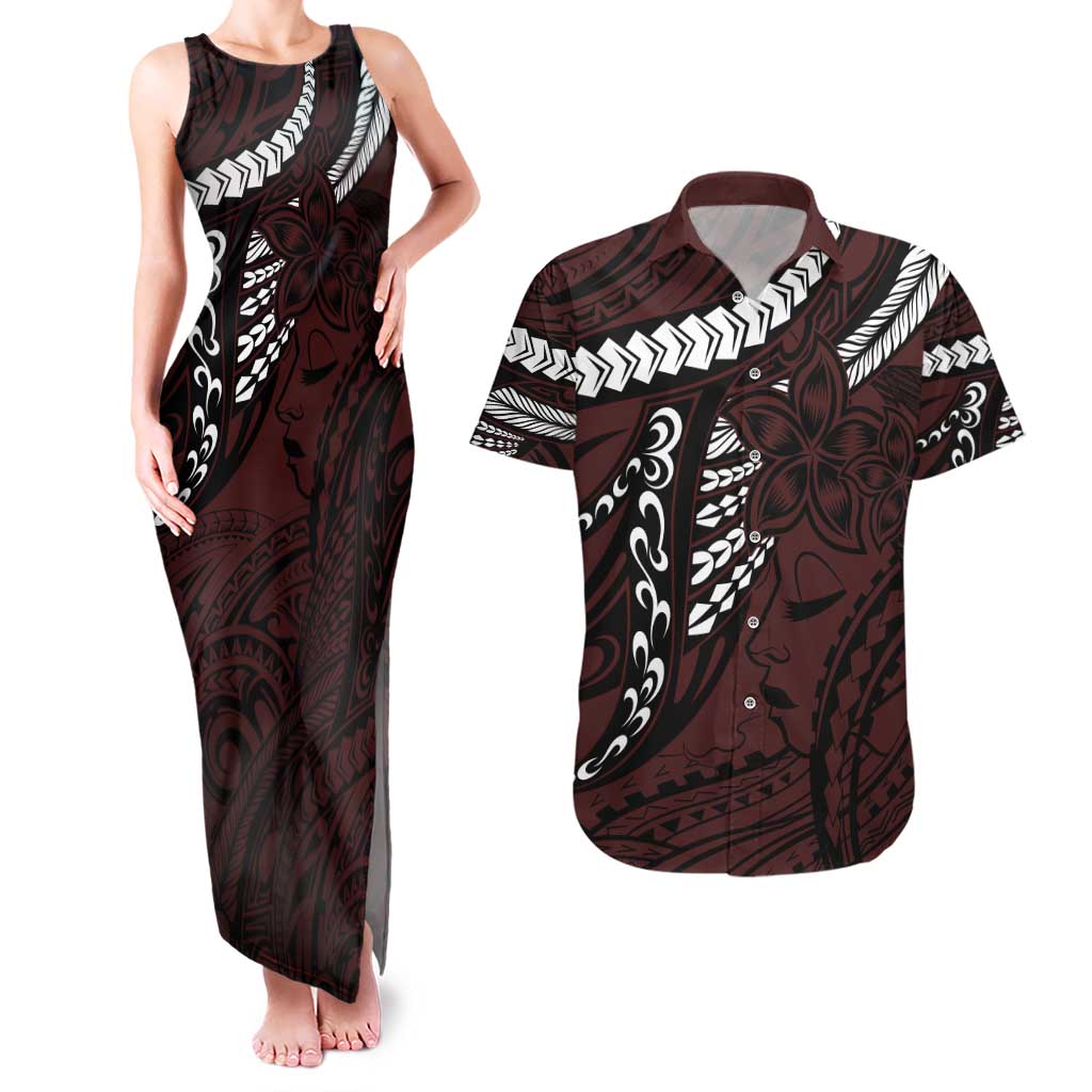 Polynesian Girl Tribal Tattoo Couples Matching Tank Maxi Dress and Hawaiian Shirt Oxbood Vibe LT9 Oxblood - Polynesian Pride