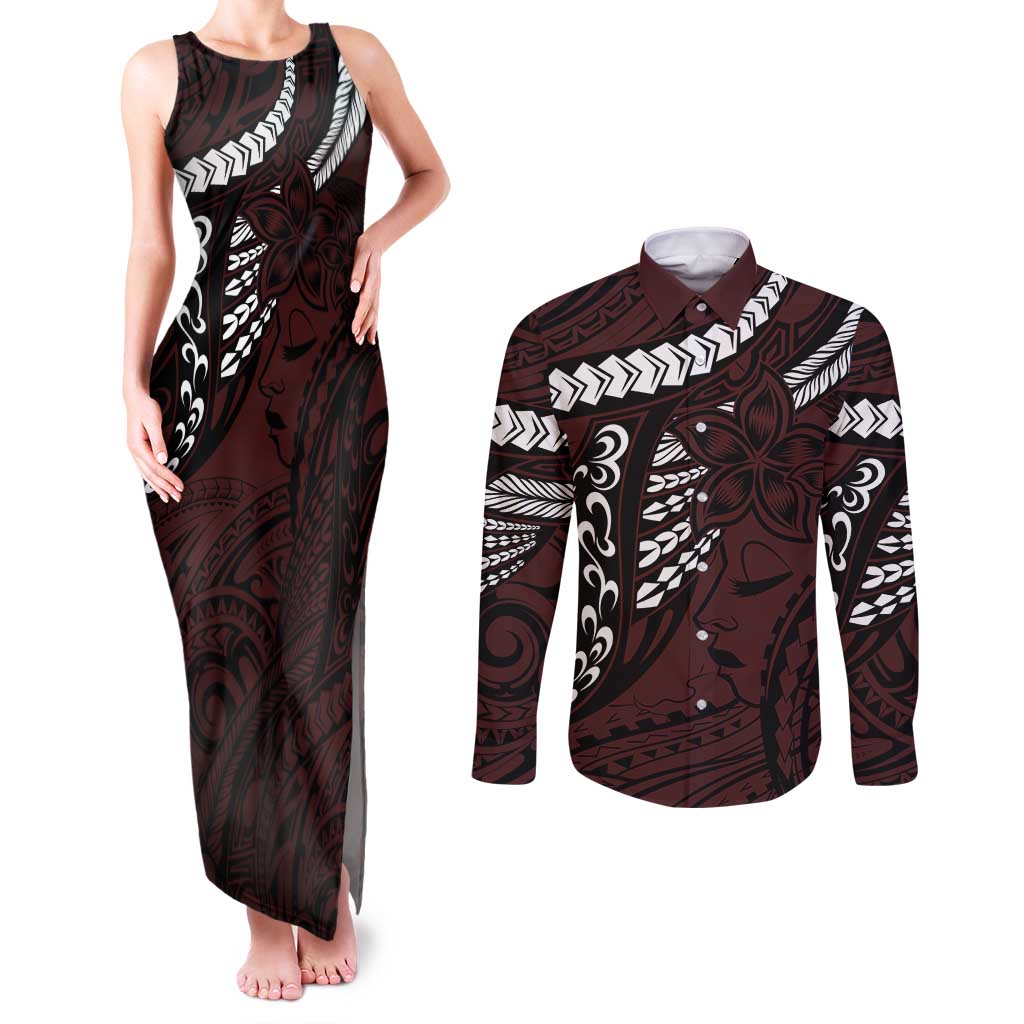 Polynesian Girl Tribal Tattoo Couples Matching Tank Maxi Dress and Long Sleeve Button Shirt Oxbood Vibe LT9 Oxblood - Polynesian Pride