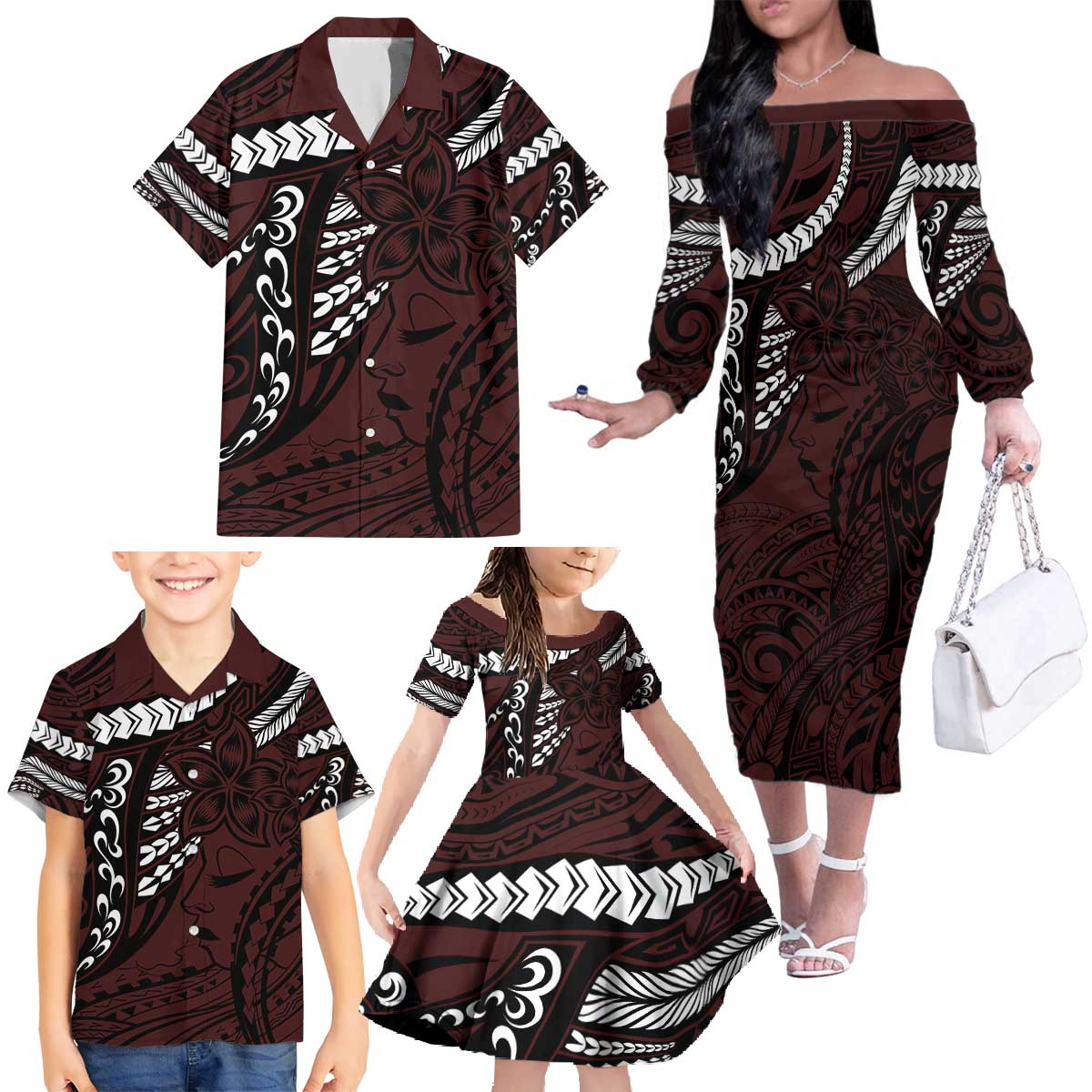 Polynesian Girl Tribal Tattoo Family Matching Off The Shoulder Long Sleeve Dress and Hawaiian Shirt Oxbood Vibe