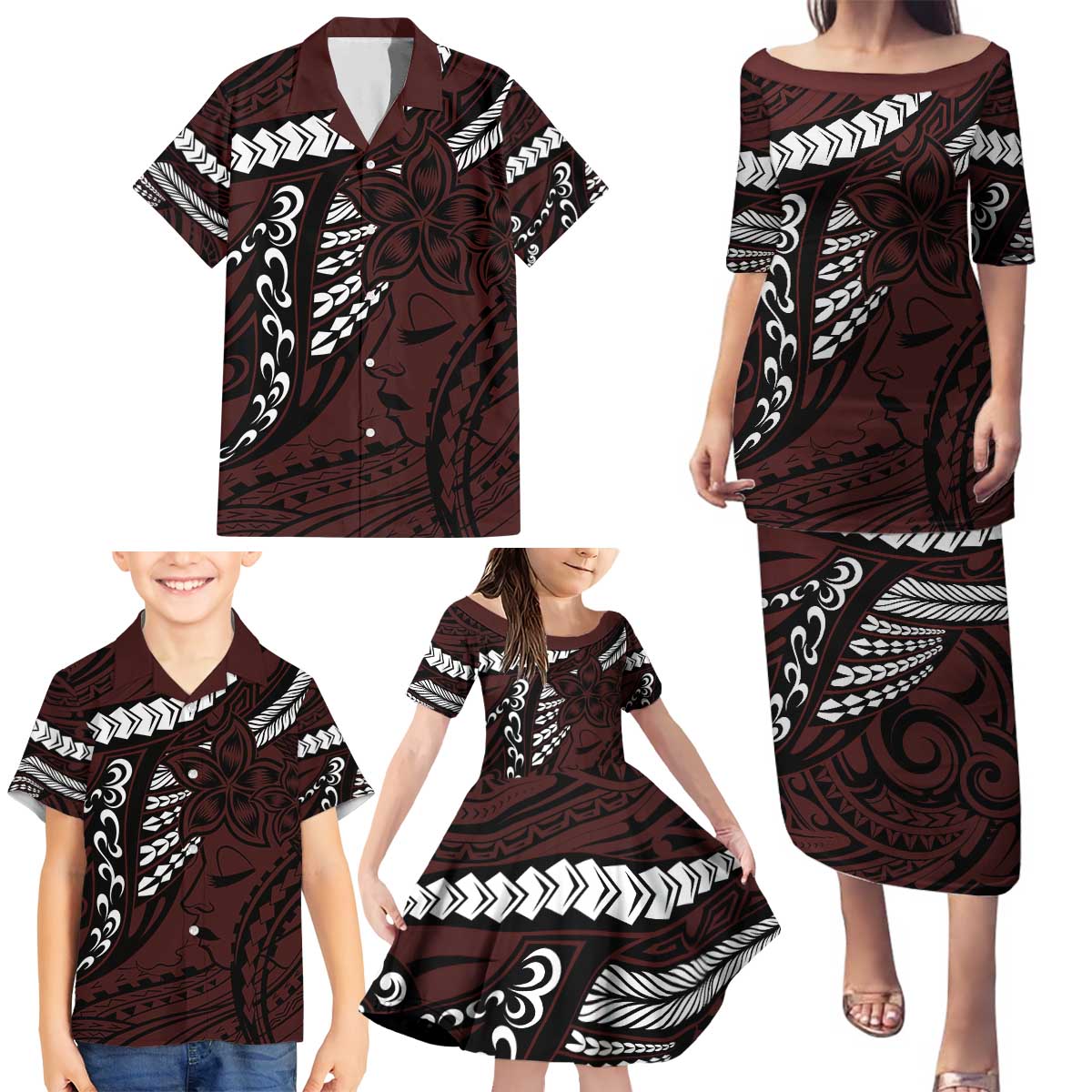 Polynesian Girl Tribal Tattoo Family Matching Puletasi and Hawaiian Shirt Oxbood Vibe