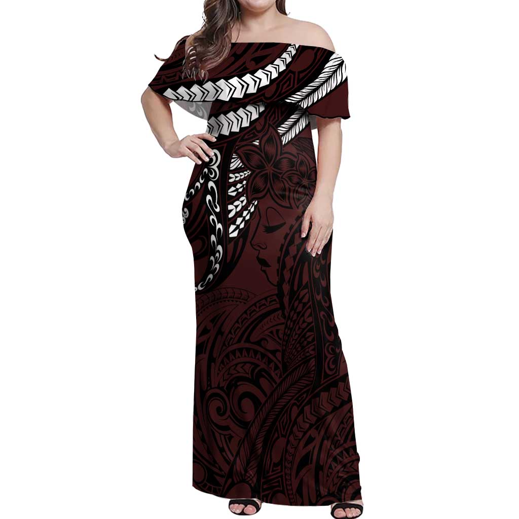 Polynesian Girl Tribal Tattoo Off Shoulder Maxi Dress Oxbood Vibe