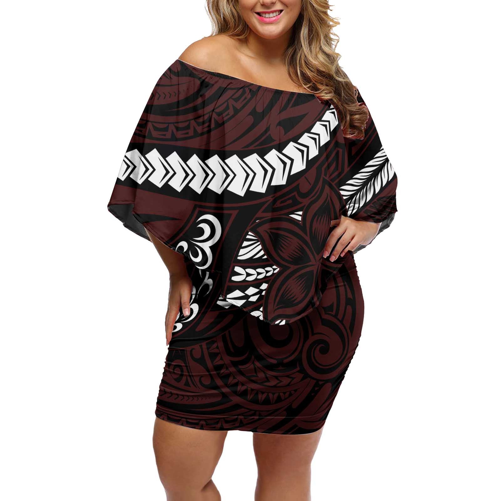 Polynesian Girl Tribal Tattoo Off Shoulder Short Dress Oxbood Vibe LT9 Women Oxblood - Polynesian Pride