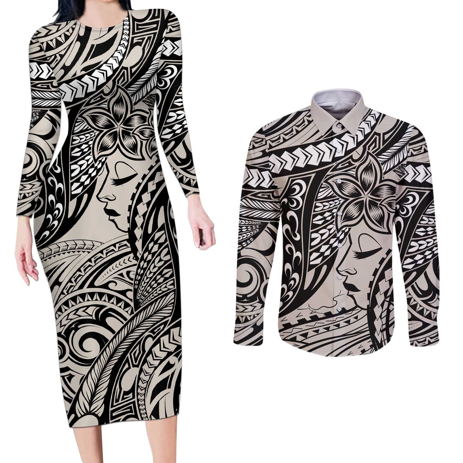 Polynesian Girl Tribal Tattoo Couples Matching Long Sleeve Bodycon Dress and Long Sleeve Button Shirt Beige Vibe LT9 Beige - Polynesian Pride