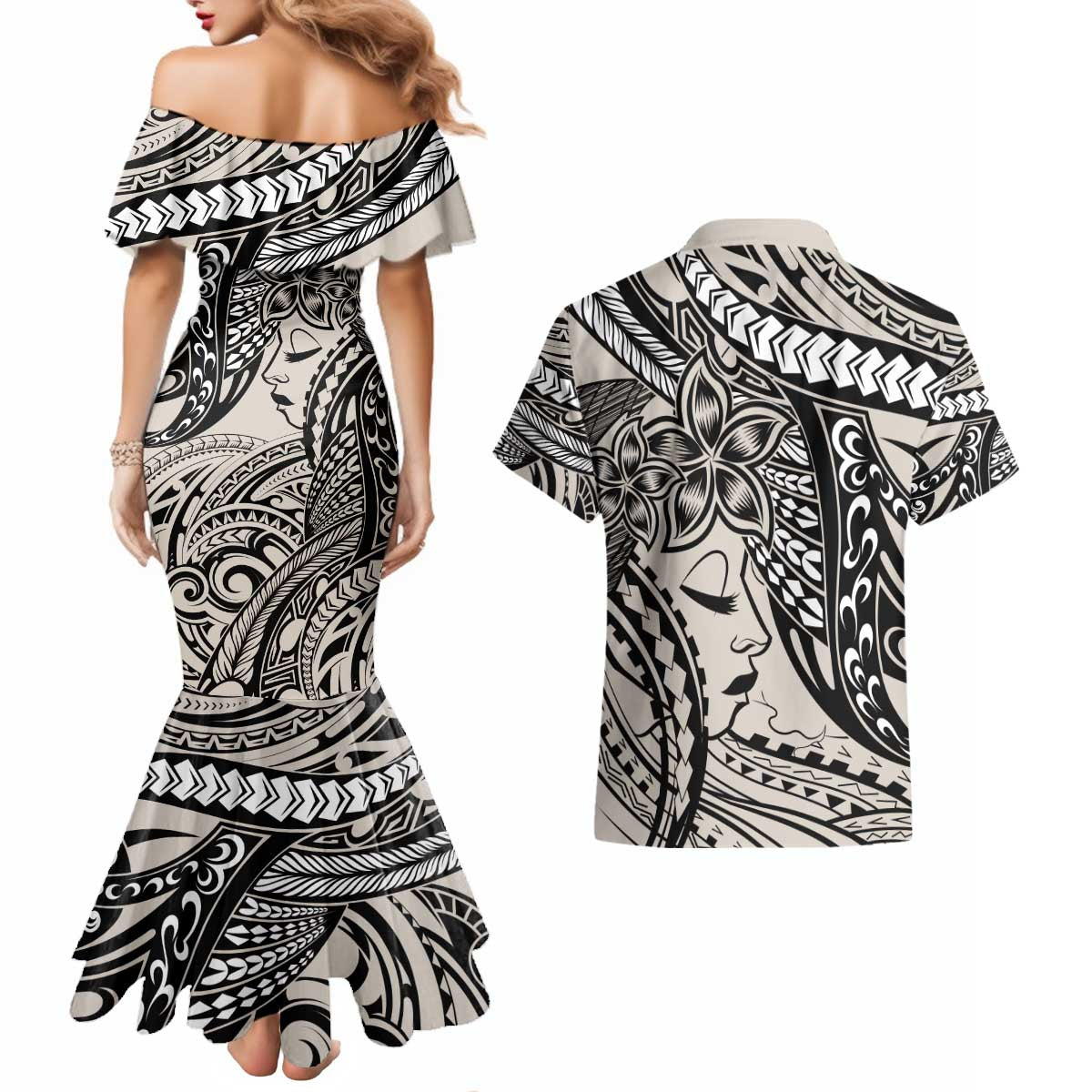 Polynesian Girl Tribal Tattoo Couples Matching Mermaid Dress and Hawaiian Shirt Beige Vibe