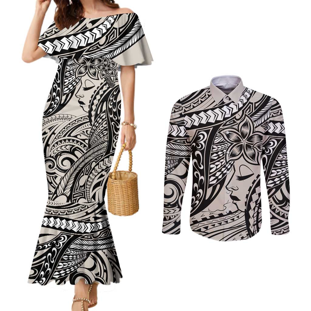 Polynesian Girl Tribal Tattoo Couples Matching Mermaid Dress and Long Sleeve Button Shirt Beige Vibe LT9 Beige - Polynesian Pride