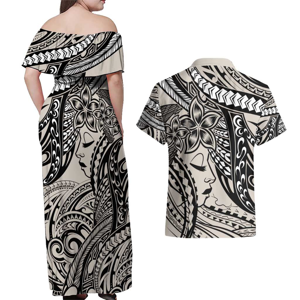 Polynesian Girl Tribal Tattoo Couples Matching Off Shoulder Maxi Dress and Hawaiian Shirt Beige Vibe