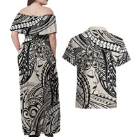 Polynesian Girl Tribal Tattoo Couples Matching Off Shoulder Maxi Dress and Hawaiian Shirt Beige Vibe