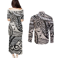 Polynesian Girl Tribal Tattoo Couples Matching Puletasi and Long Sleeve Button Shirt Beige Vibe LT9 - Polynesian Pride
