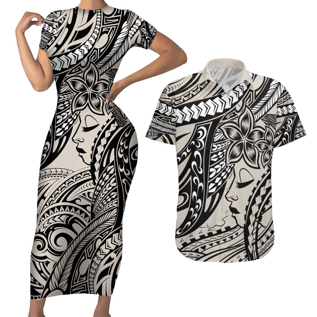 Polynesian Girl Tribal Tattoo Couples Matching Short Sleeve Bodycon Dress and Hawaiian Shirt Beige Vibe LT9 Beige - Polynesian Pride