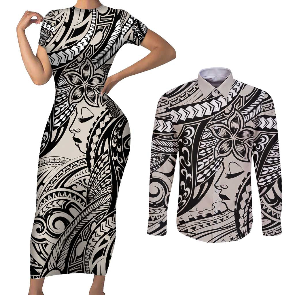 Polynesian Girl Tribal Tattoo Couples Matching Short Sleeve Bodycon Dress and Long Sleeve Button Shirt Beige Vibe LT9 Beige - Polynesian Pride