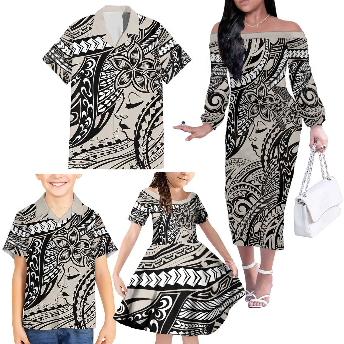 Polynesian Girl Tribal Tattoo Family Matching Off The Shoulder Long Sleeve Dress and Hawaiian Shirt Beige Vibe