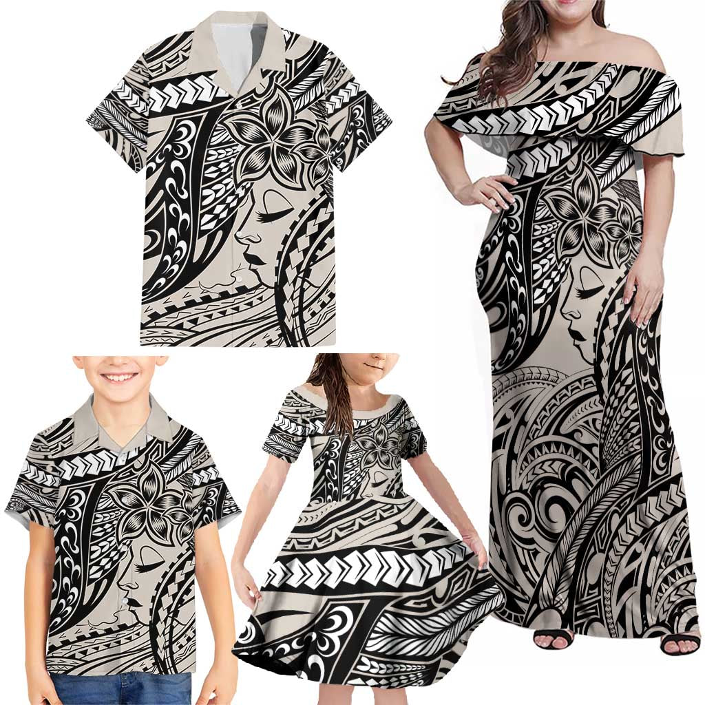 Polynesian Girl Tribal Tattoo Family Matching Off Shoulder Maxi Dress and Hawaiian Shirt Beige Vibe LT9 - Polynesian Pride