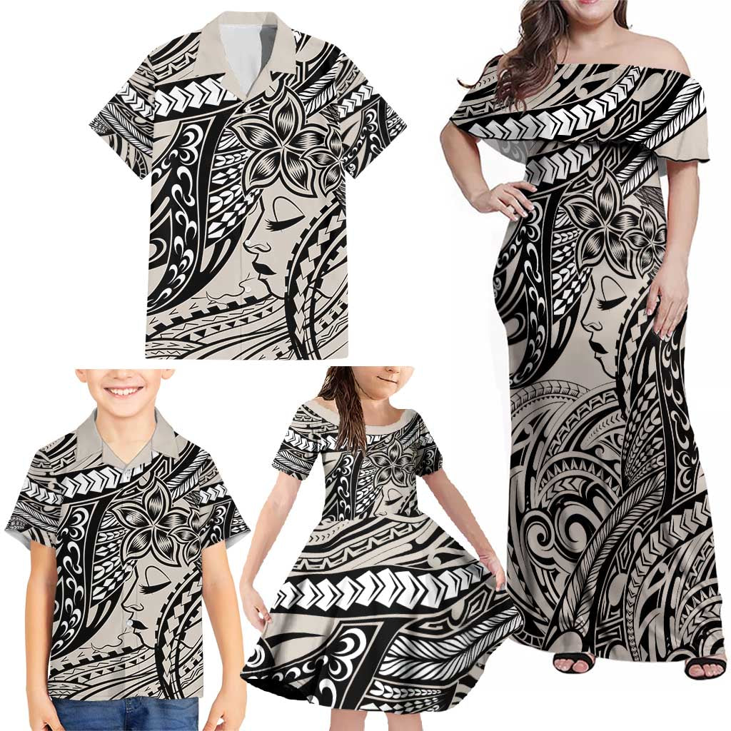 Polynesian Girl Tribal Tattoo Family Matching Off Shoulder Maxi Dress and Hawaiian Shirt Beige Vibe