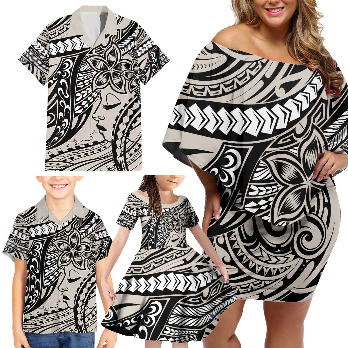Polynesian Girl Tribal Tattoo Family Matching Off Shoulder Short Dress and Hawaiian Shirt Beige Vibe LT9 - Polynesian Pride