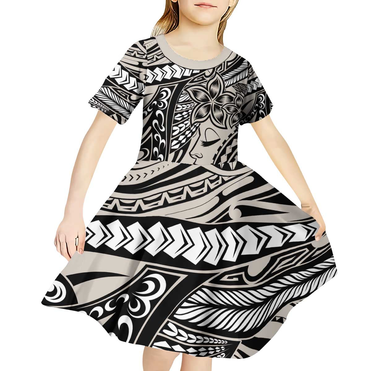 Polynesian Girl Tribal Tattoo Kid Short Sleeve Dress Beige Vibe
