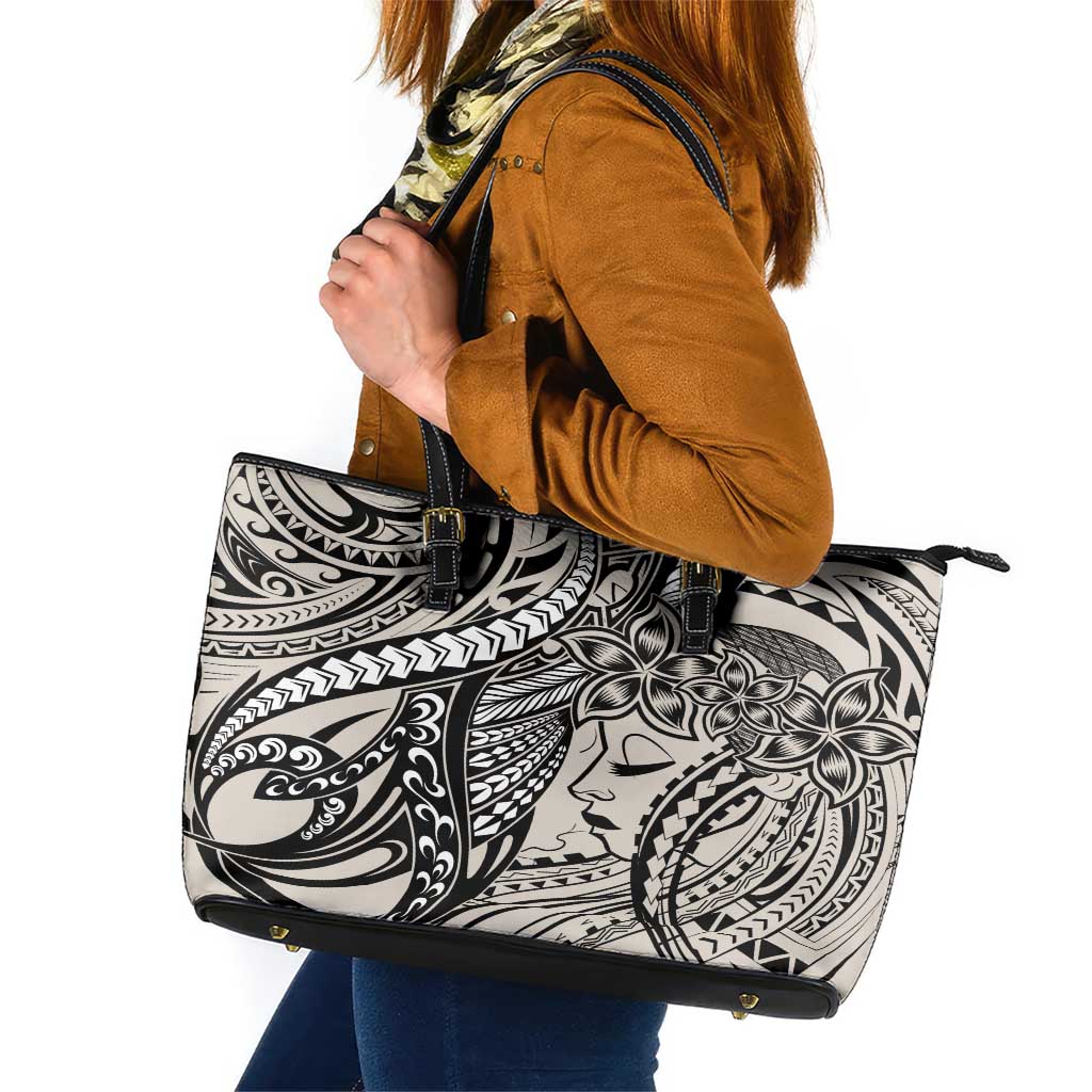 Polynesian Girl Tribal Tattoo Leather Tote Bag Beige Vibe LT9 Beige - Polynesian Pride