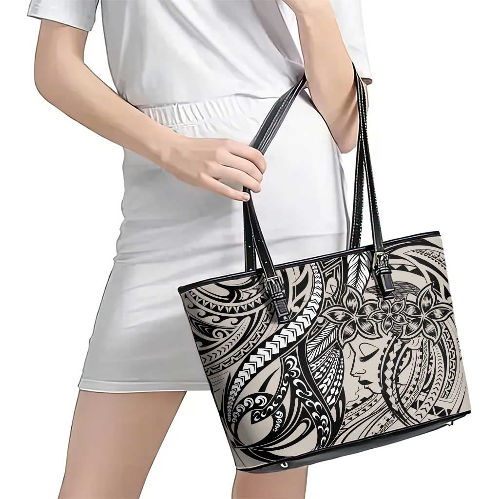 Polynesian Girl Tribal Tattoo Leather Tote Bag Beige Vibe LT9 - Polynesian Pride