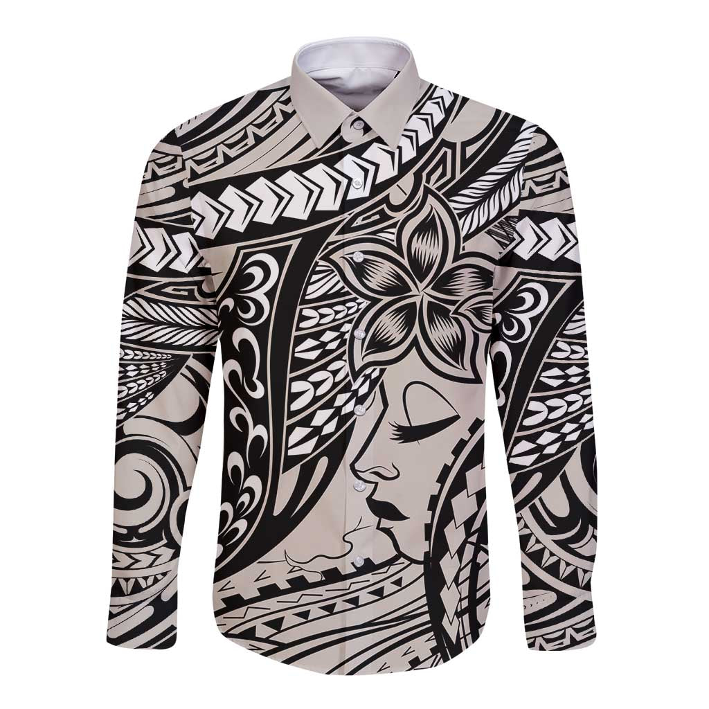 Polynesian Girl Tribal Tattoo Long Sleeve Button Shirt Beige Vibe