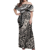 Polynesian Girl Tribal Tattoo Off Shoulder Maxi Dress Beige Vibe LT9 Women Beige - Polynesian Pride