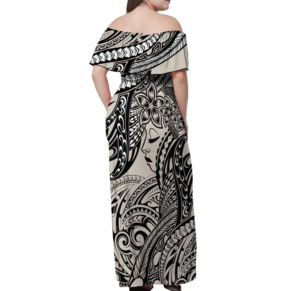 Polynesian Girl Tribal Tattoo Off Shoulder Maxi Dress Beige Vibe LT9 - Polynesian Pride