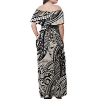 Polynesian Girl Tribal Tattoo Off Shoulder Maxi Dress Beige Vibe LT9 - Polynesian Pride