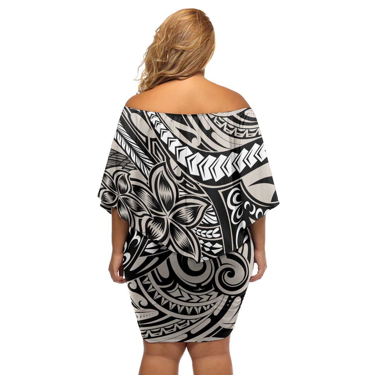 Polynesian Girl Tribal Tattoo Off Shoulder Short Dress Beige Vibe LT9 - Polynesian Pride