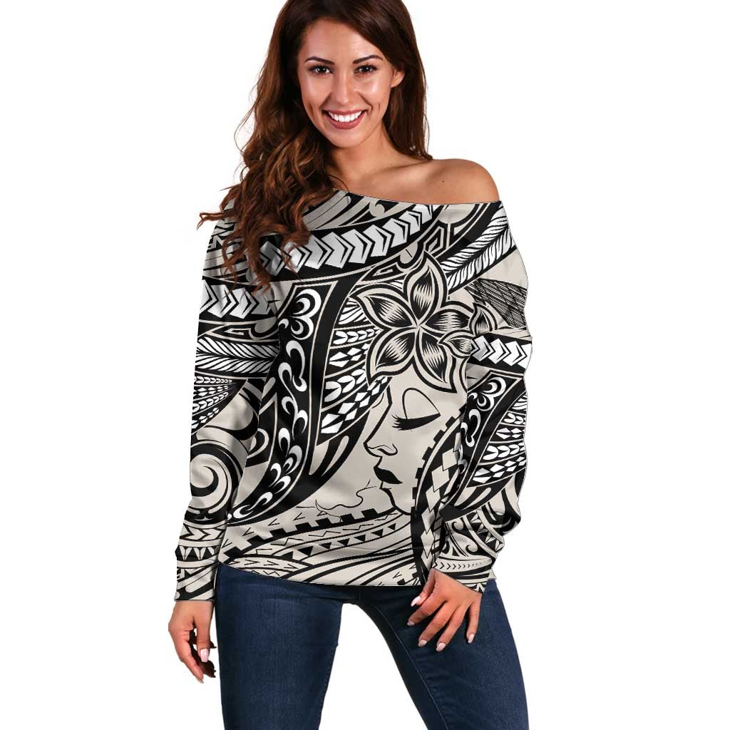 Polynesian Girl Tribal Tattoo Off Shoulder Sweater Beige Vibe