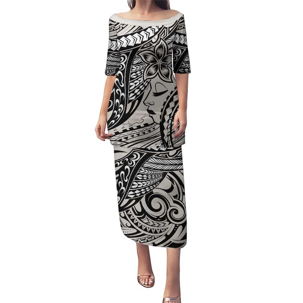 Polynesian Girl Tribal Tattoo Puletasi Beige Vibe LT9 Long Dress Beige - Polynesian Pride