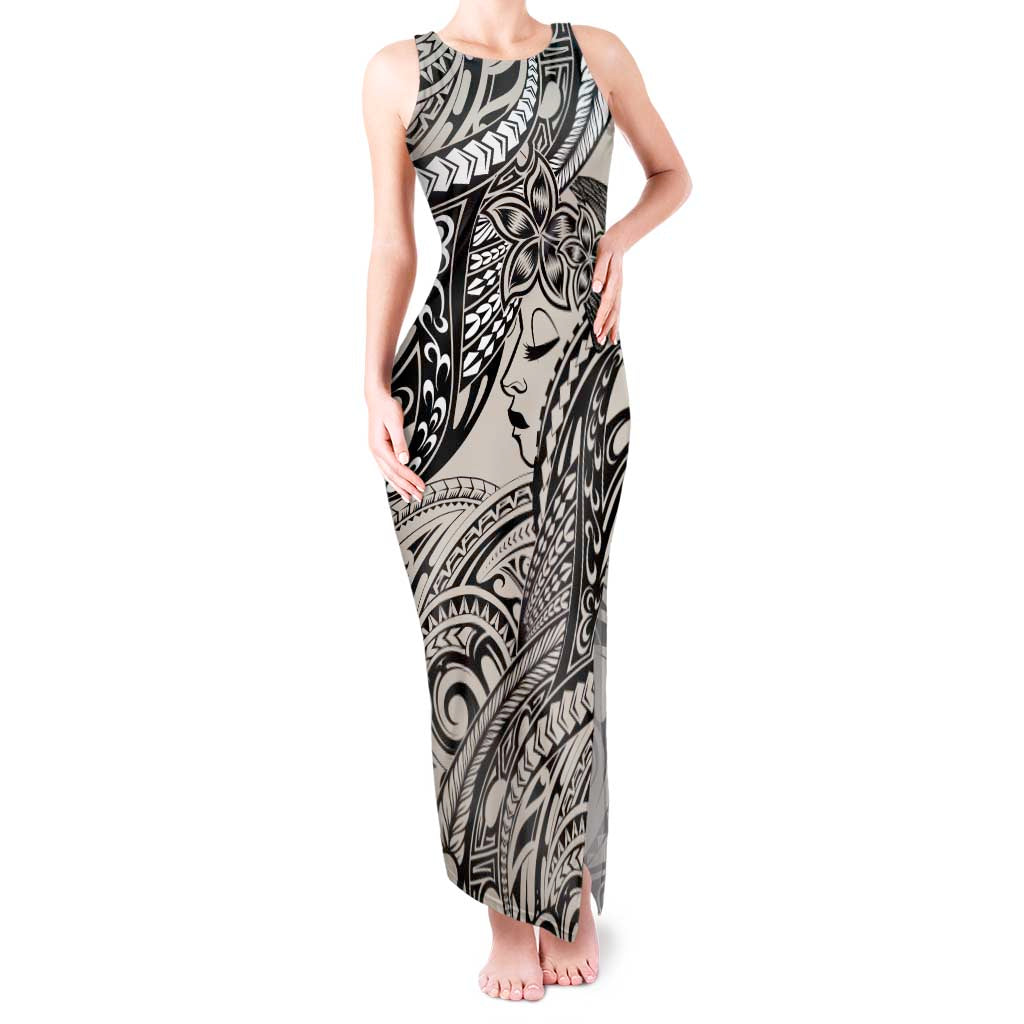 Polynesian Girl Tribal Tattoo Tank Maxi Dress Beige Vibe LT9 Women Beige - Polynesian Pride