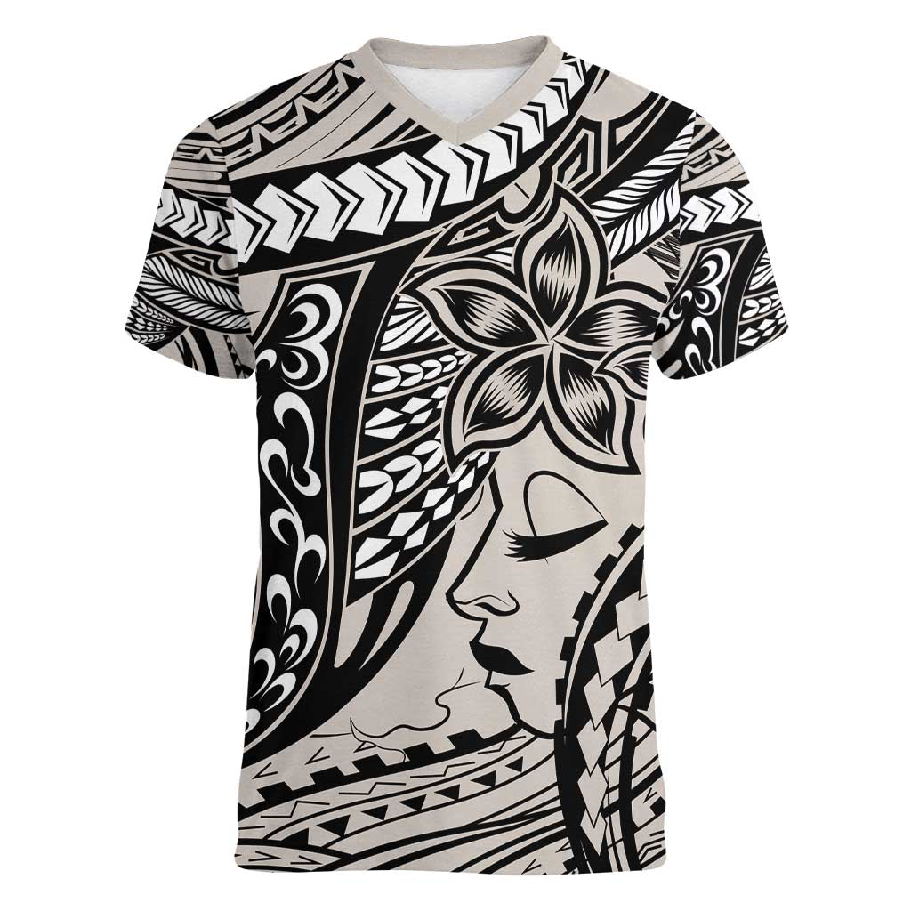 Polynesian Girl Tribal Tattoo Women V-Neck T-Shirt Beige Vibe