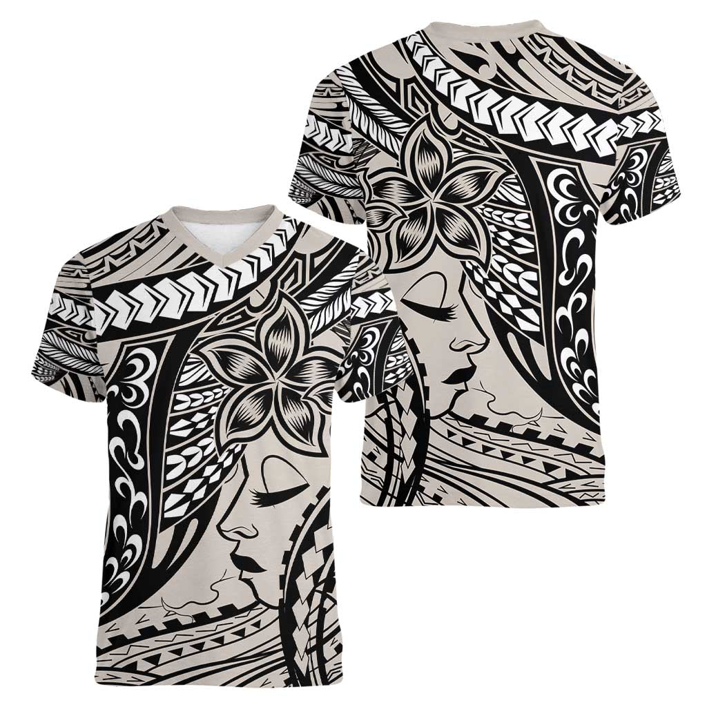 Polynesian Girl Tribal Tattoo Women V-Neck T-Shirt Beige Vibe