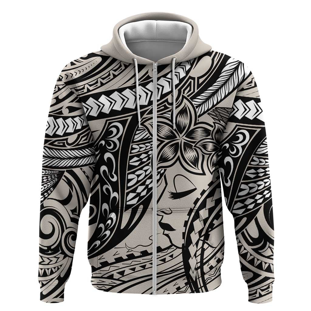 Polynesian Girl Tribal Tattoo Zip Hoodie Beige Vibe