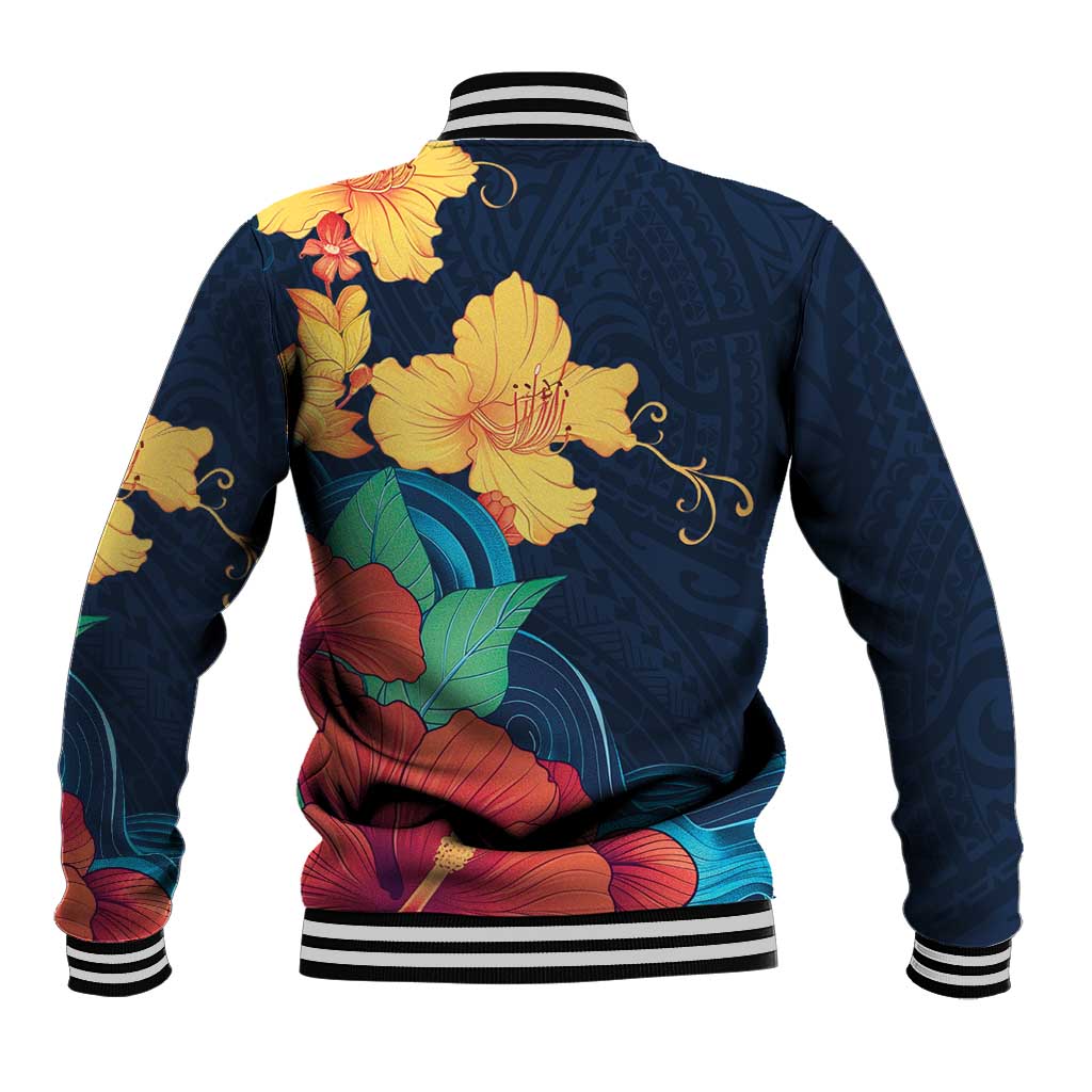 Polynesian Hibiscus Flower Waves Pattern Baseball Jacket LT9 - Polynesian Pride