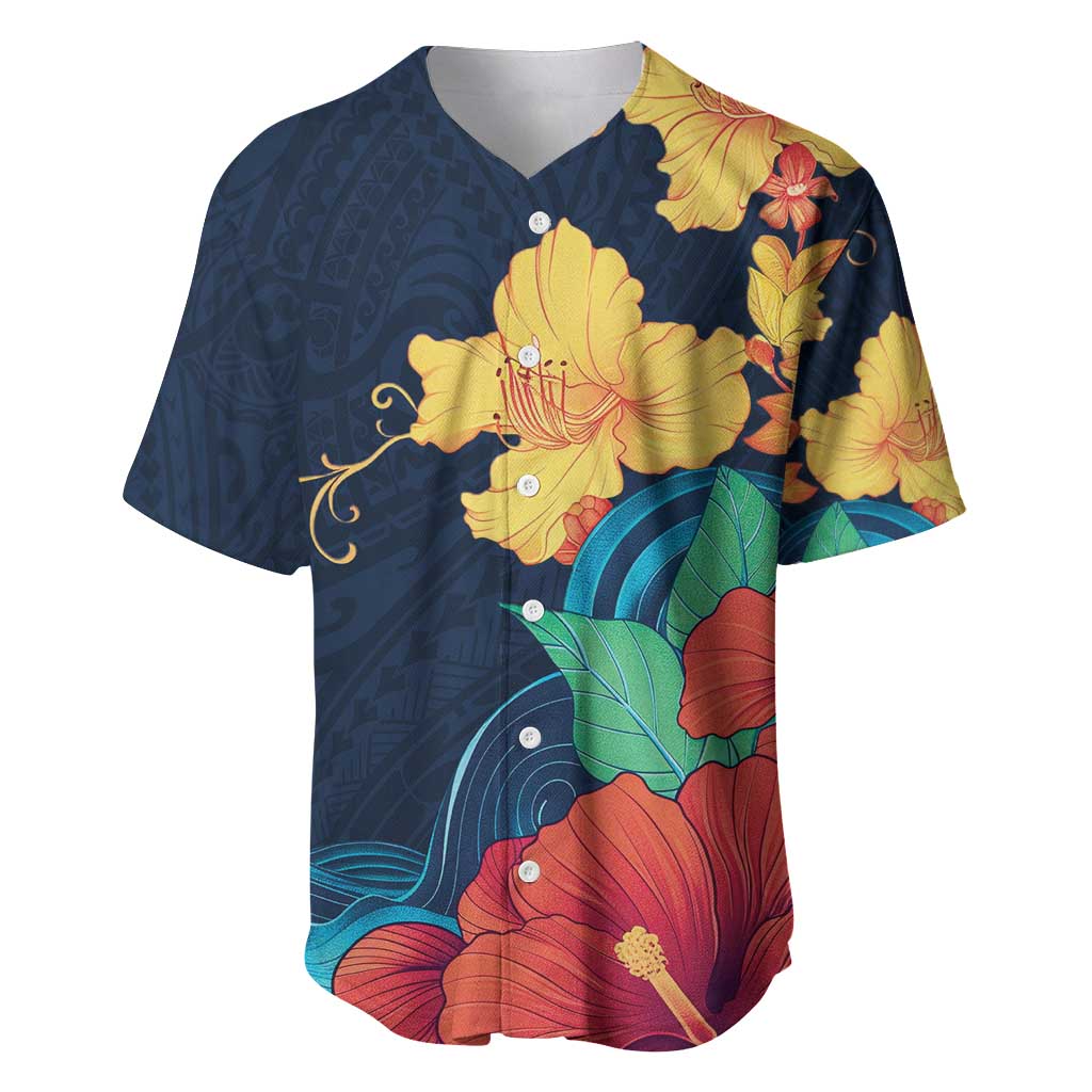 Polynesian Hibiscus Flower Waves Pattern Baseball Jersey