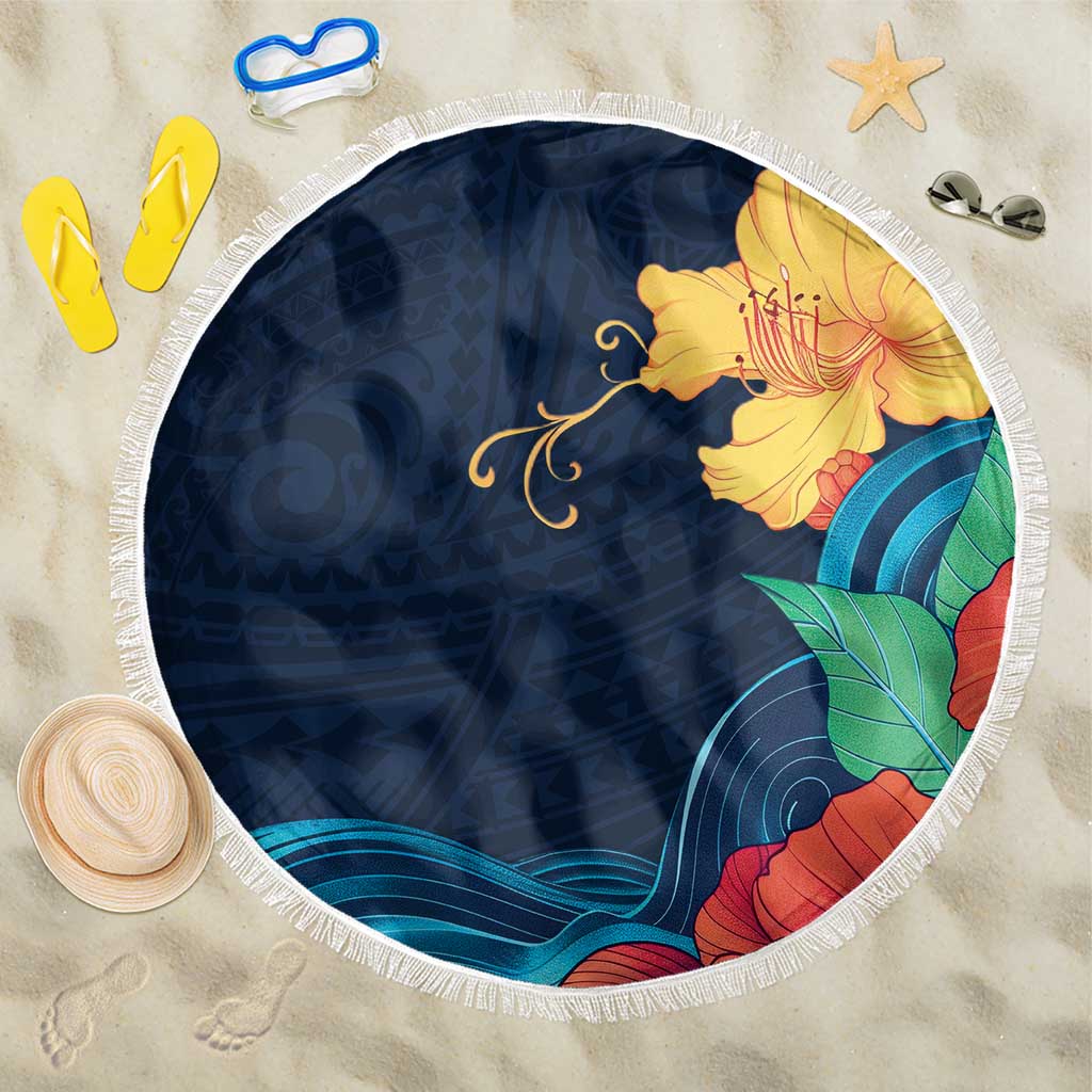Polynesian Hibiscus Flower Waves Pattern Beach Blanket LT9 One Size 150cm Dark Blue - Polynesian Pride