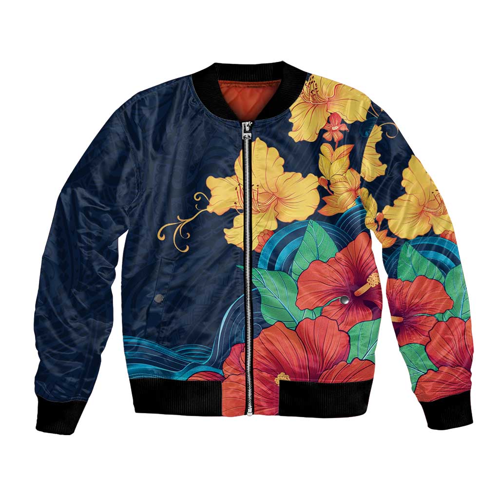 Polynesian Hibiscus Flower Waves Pattern Bomber Jacket