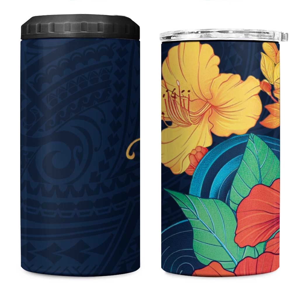 Polynesian Hibiscus Flower Waves Pattern 4 in 1 Can Cooler Tumbler LT9 One Size: 16 oz Dark Blue - Polynesian Pride