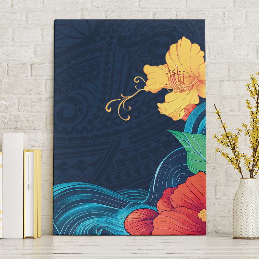 Polynesian Hibiscus Flower Waves Pattern Canvas Wall Art LT9 Without Frame Dark Blue - Polynesian Pride