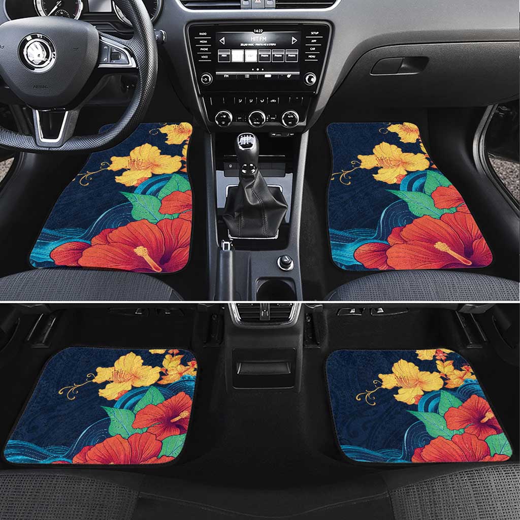 Polynesian Hibiscus Flower Waves Pattern Car Mats