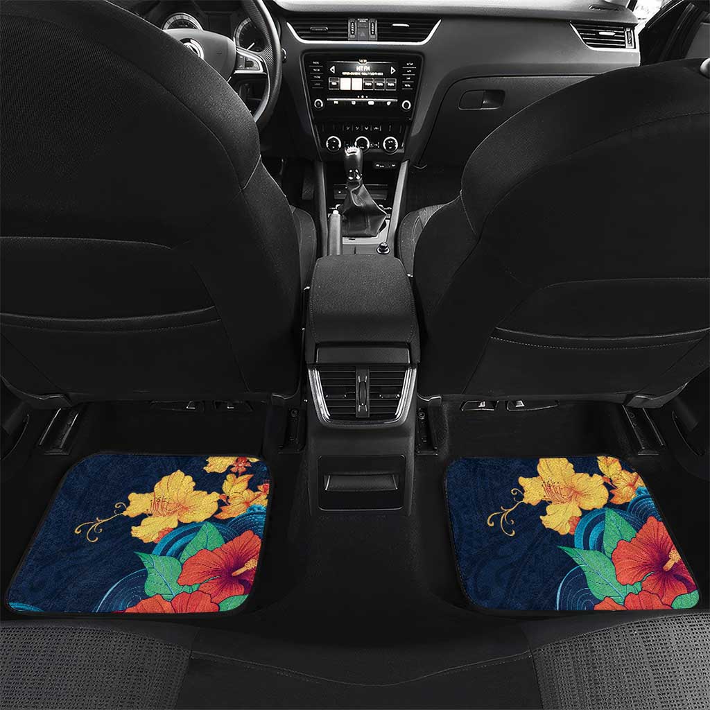 Polynesian Hibiscus Flower Waves Pattern Car Mats LT9 Set 2pcs - Back Dark Blue - Polynesian Pride