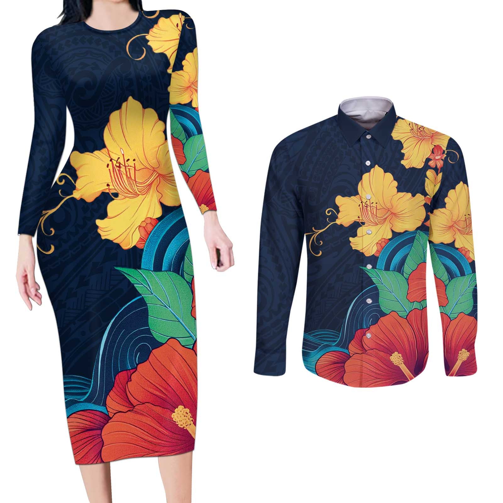 Polynesian Hibiscus Flower Waves Pattern Couples Matching Long Sleeve Bodycon Dress and Long Sleeve Button Shirt LT9 Dark Blue - Polynesian Pride
