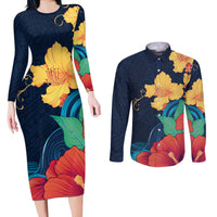 Polynesian Hibiscus Flower Waves Pattern Couples Matching Long Sleeve Bodycon Dress and Long Sleeve Button Shirt LT9 Dark Blue - Polynesian Pride