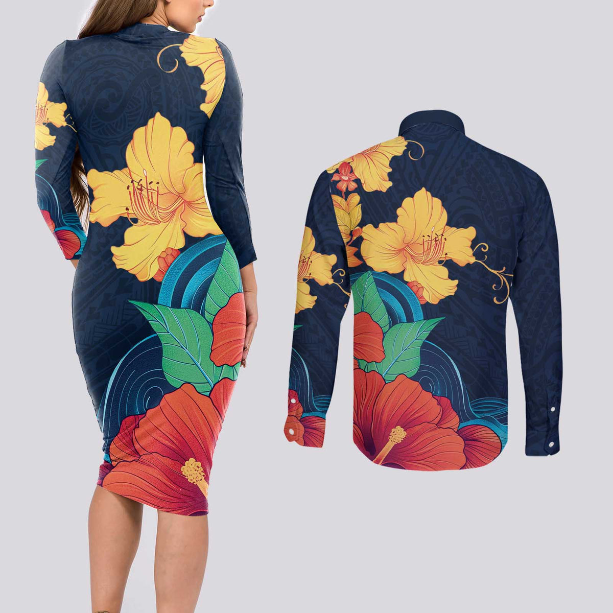 Polynesian Hibiscus Flower Waves Pattern Couples Matching Long Sleeve Bodycon Dress and Long Sleeve Button Shirt LT9 - Polynesian Pride