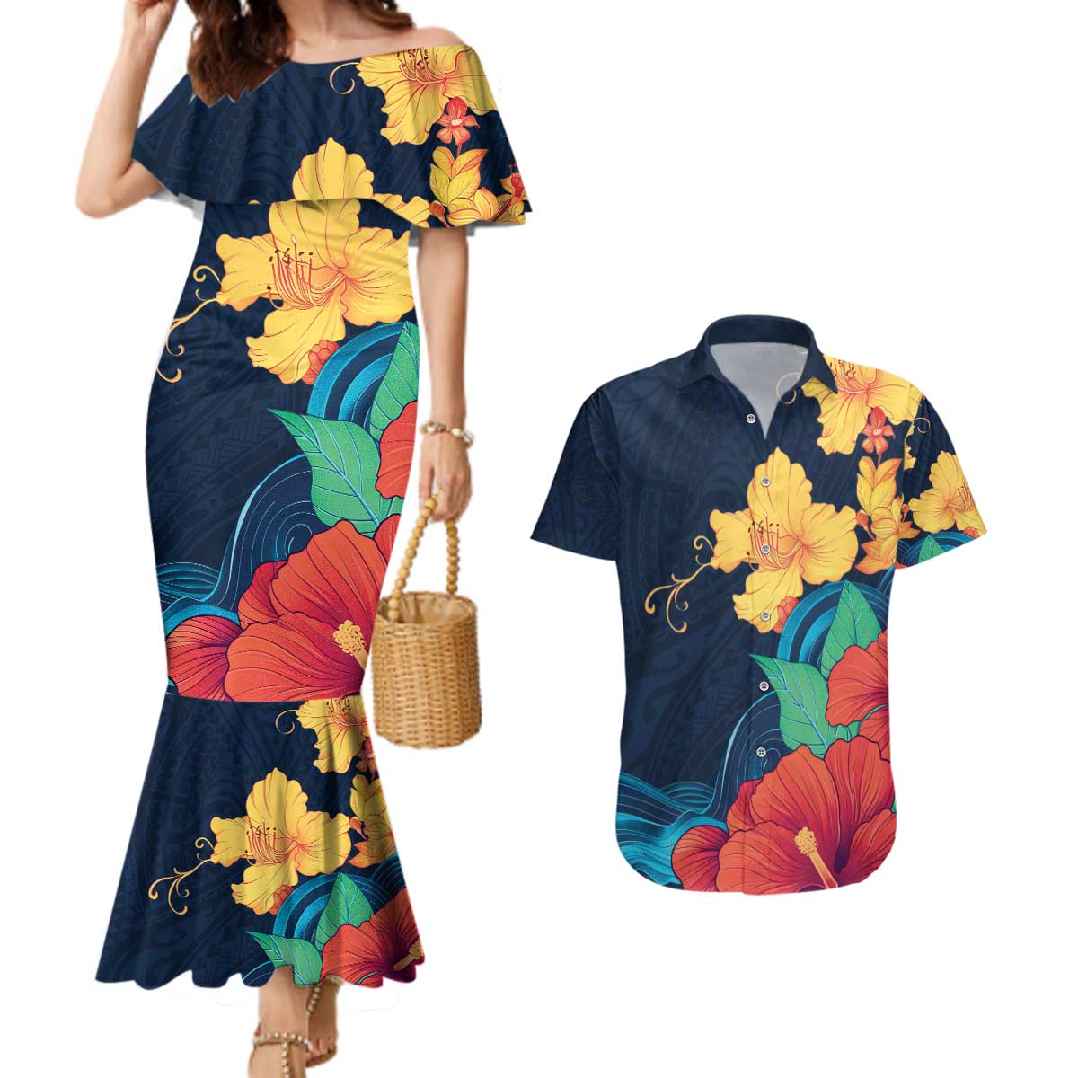 Polynesian Hibiscus Flower Waves Pattern Couples Matching Mermaid Dress and Hawaiian Shirt